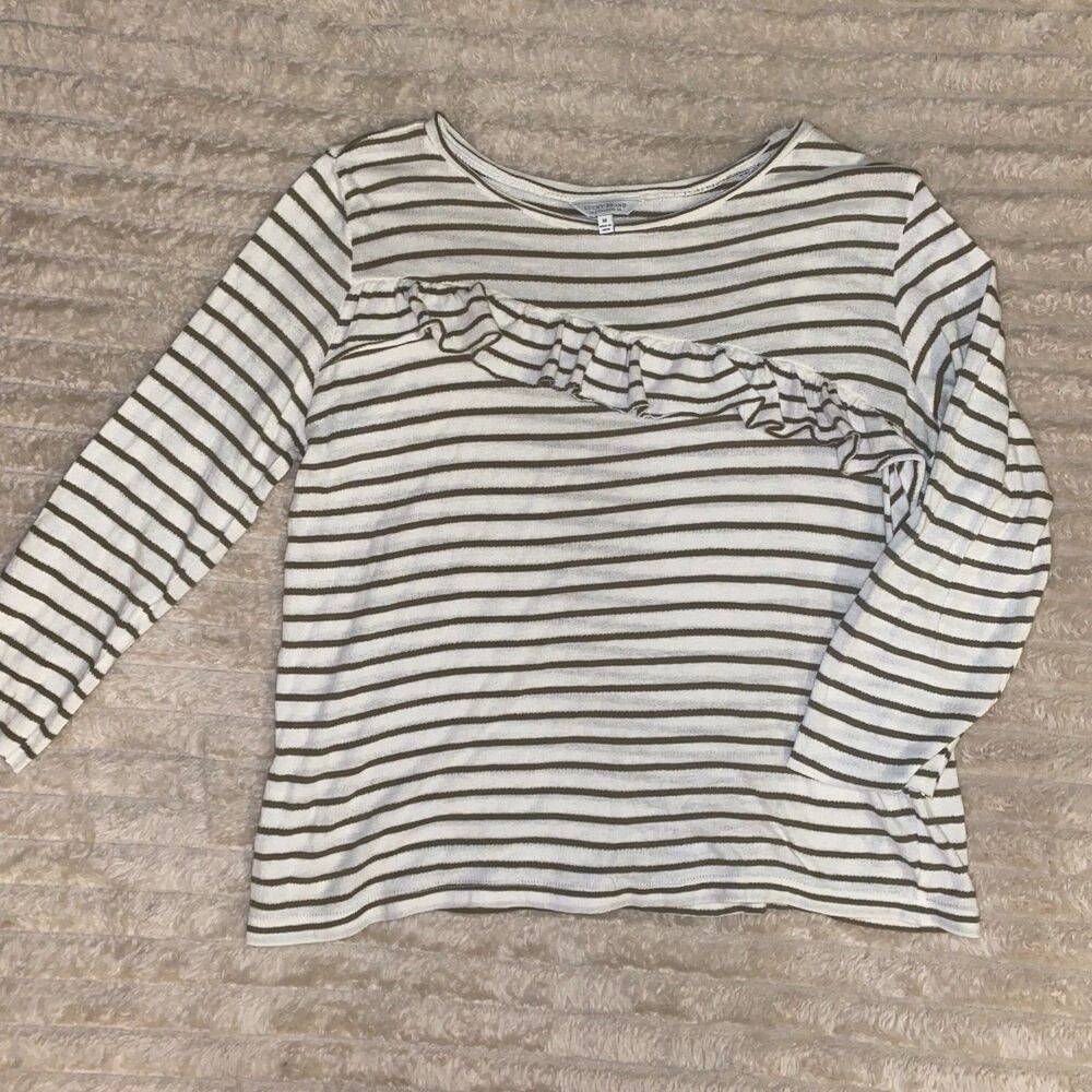 Lucky Brand Striped Ruffle Knit Top Medium M Olive & Cream Asymmetric 3/4 Sleeve